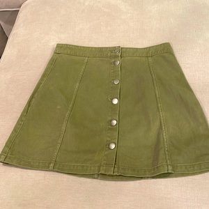 Green button front denim skirt